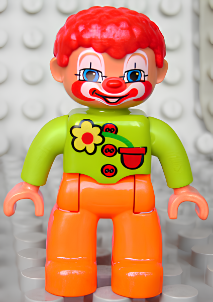 Минифигурка Lego Duplo Figure Lego Ville, Male Clown, Orange Legs, Lime Top with Three Buttons and Flower, Red Hair, Blue Eyes 47394pb109